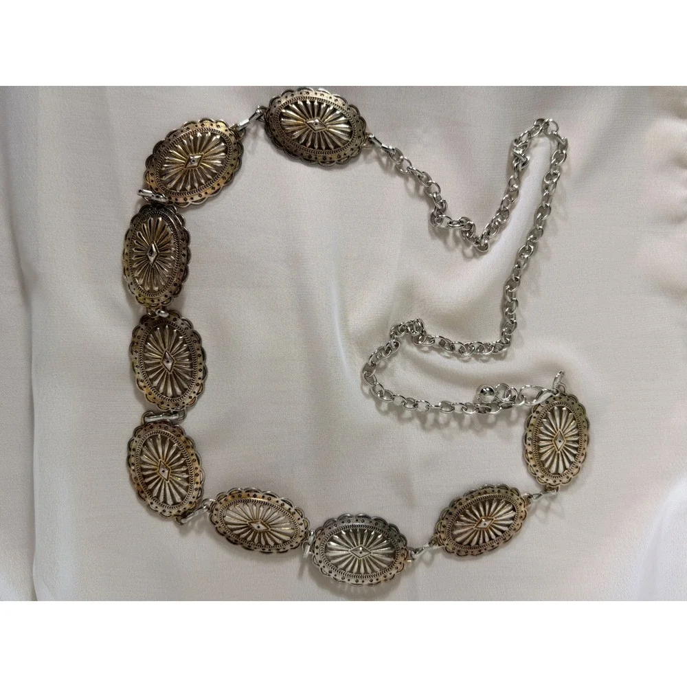 Vintage Silver Tone Oval Concho Chain Belt Burnished Sunburst Western Boho 48in